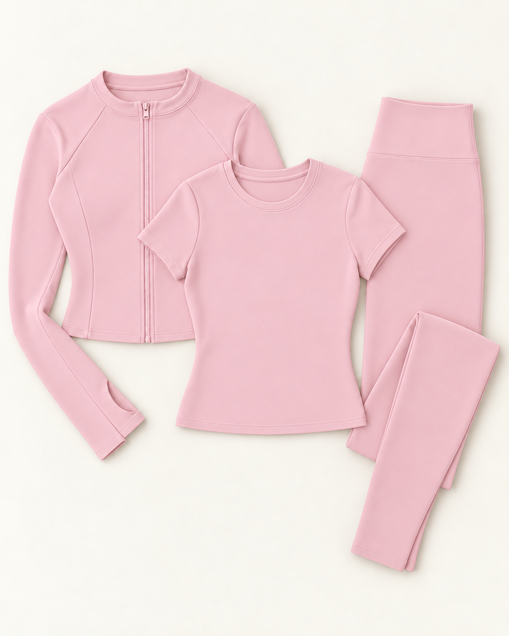Zip-Up Jacket, Fitted Tee & Leggings Set - Ballet Pink flat lay