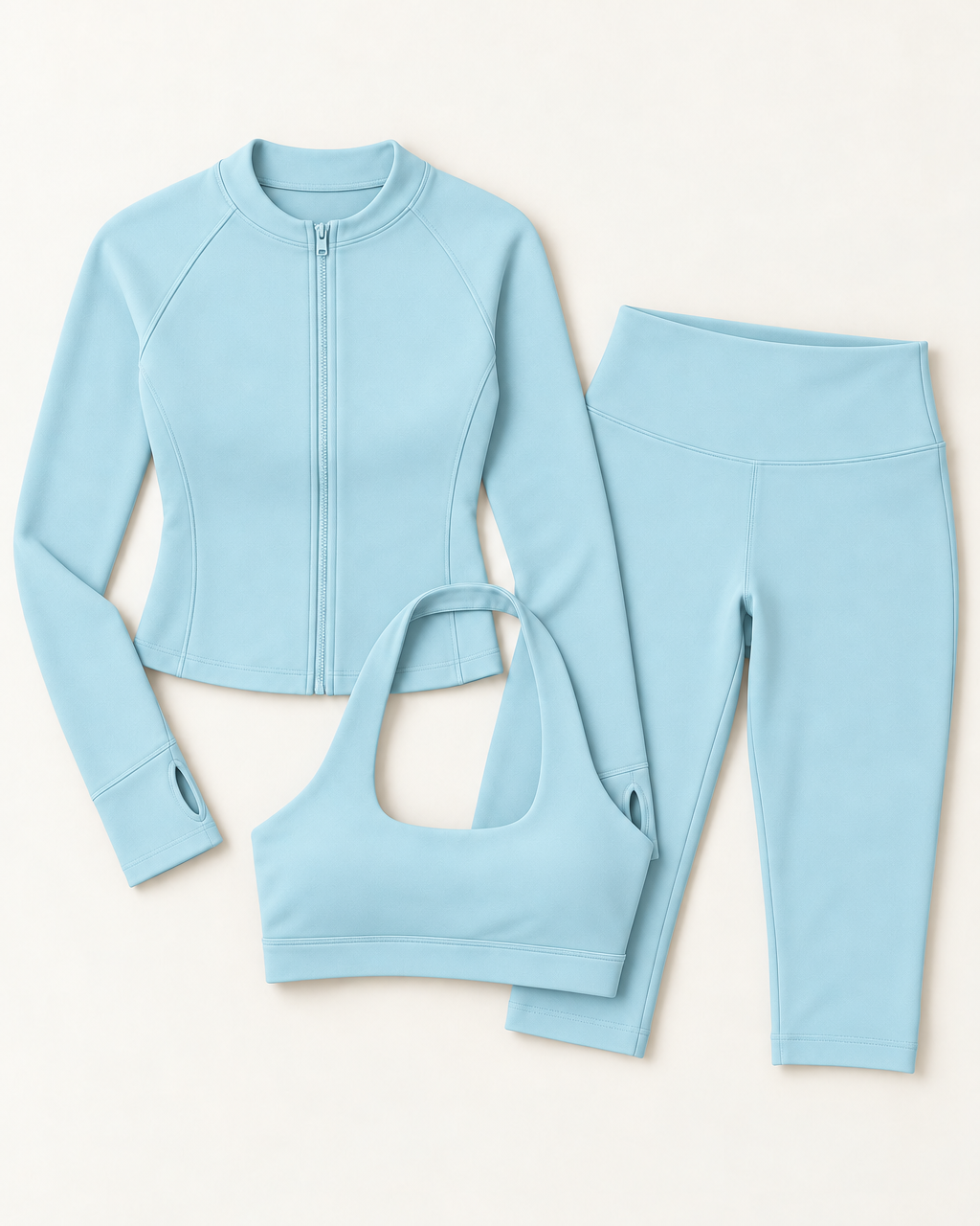 Zip-Up Jacket, Halter Bra & Capris Set - Powder Blue flat lay