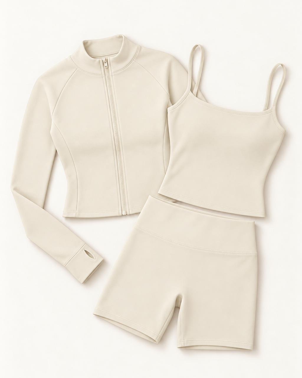 Zip-Up Jacket, Square Neck Vest & Shorts Set - Ivory White flat lay