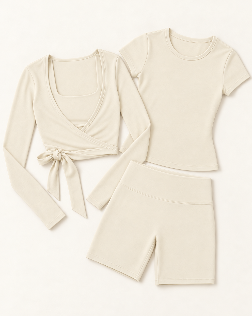 Ballet Wrap Top, Fitted Tee & Shorts Set - Ivory White flat lay