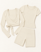 Ballet Wrap Top, Fitted Tee & Shorts Set - Ivory White flat lay