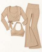 Ballet Wrap Top, Halter Bra & Flares Set - Tan flat lay