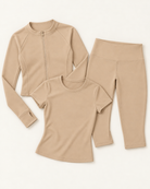 Zip-Up Jacket, Fitted Tee & Capris Set - Tan flat lay