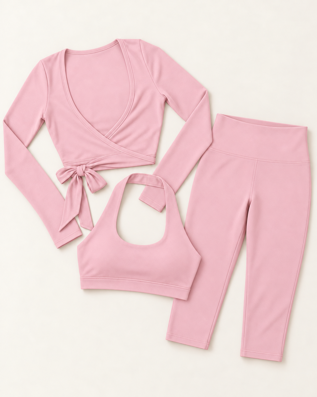 Ballet Wrap Top, Halter Bra & Capris Set - Ballet Pink flat lay