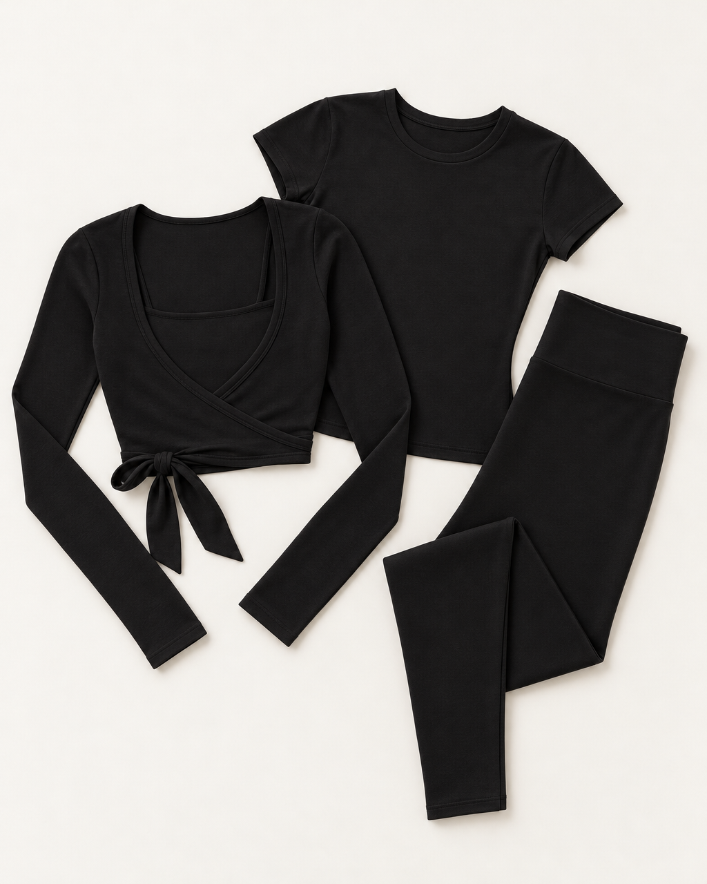 Ballet Wrap Top, Fitted Tee & Leggings Set - Shadow Black flat lay