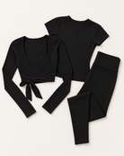 Ballet Wrap Top, Fitted Tee & Leggings Set - Shadow Black flat lay