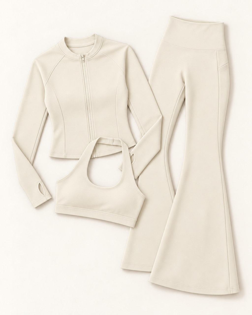 Zip-Up Jacket, Halter Bra & Flares Set - Ivory White flat lay