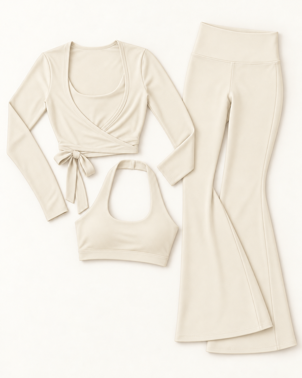 Ballet Wrap Top, Halter Bra & Flares Set - Ivory White flat lay