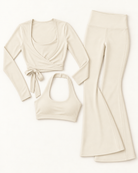 Ballet Wrap Top, Halter Bra & Flares Set - Ivory White flat lay