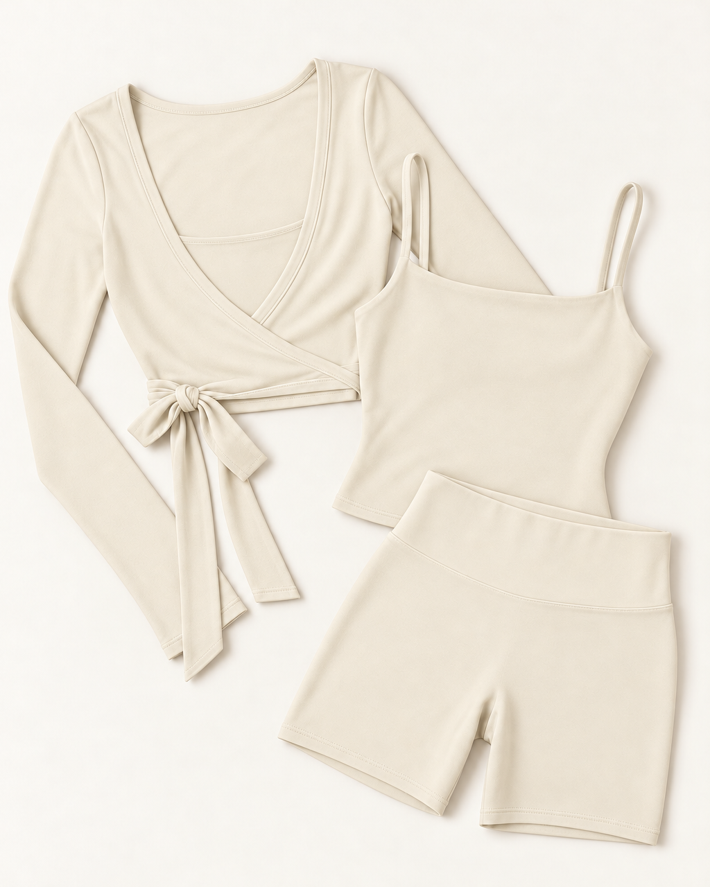 Ballet Wrap Top, Square Neck Vest & Shorts Set - Ivory White flat lay