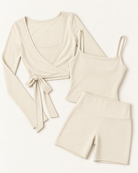 Ballet Wrap Top, Square Neck Vest & Shorts Set - Ivory White flat lay