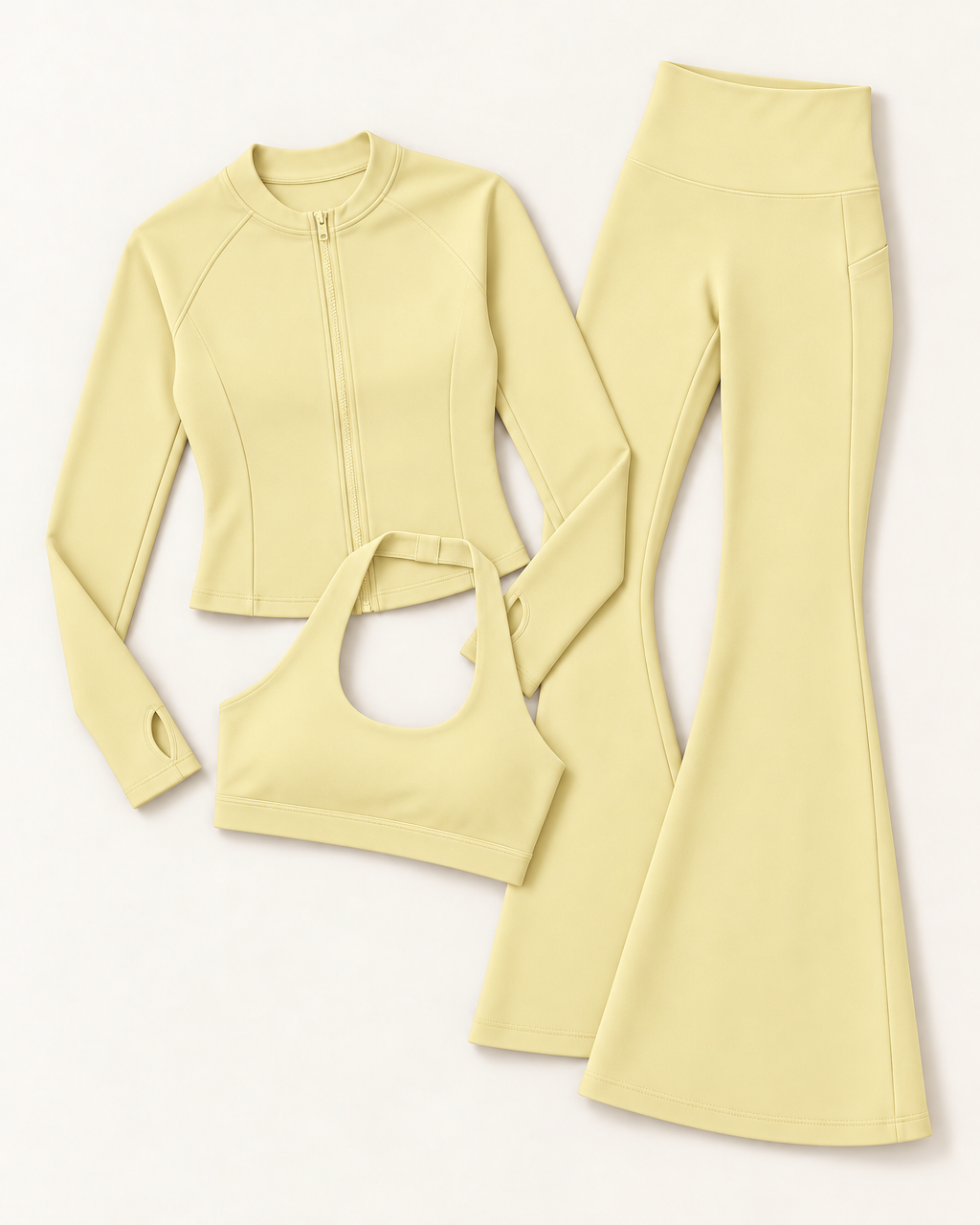 Zip-Up Jacket, Halter Bra & Flares Set - Buttercream flat lay