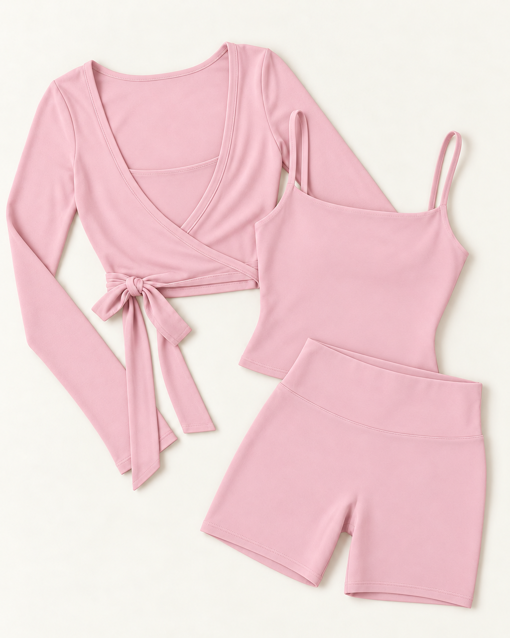 Ballet Wrap Top, Square Neck Vest & Shorts Set - Ballet Pink flat lay