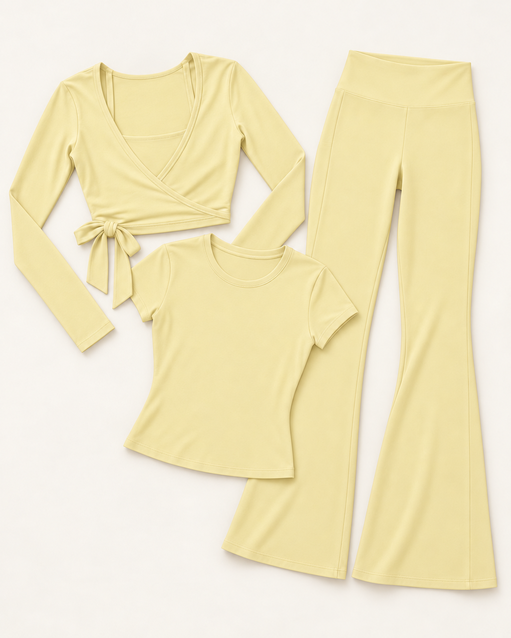Ballet Wrap Top, Fitted Tee & Flares Set - Buttercream flat lay