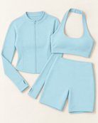 Zip-Up Jacket, Halter Bra & Shorts Set - Powder Blue flat lay