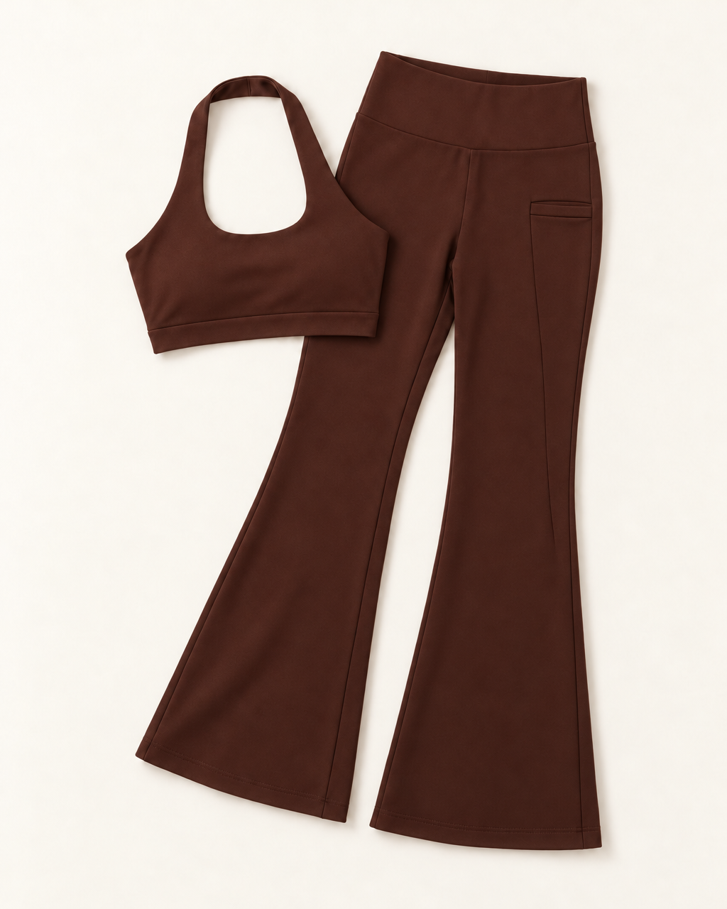 Halter Bra & Flares Set - Chocolate Brown flat lay