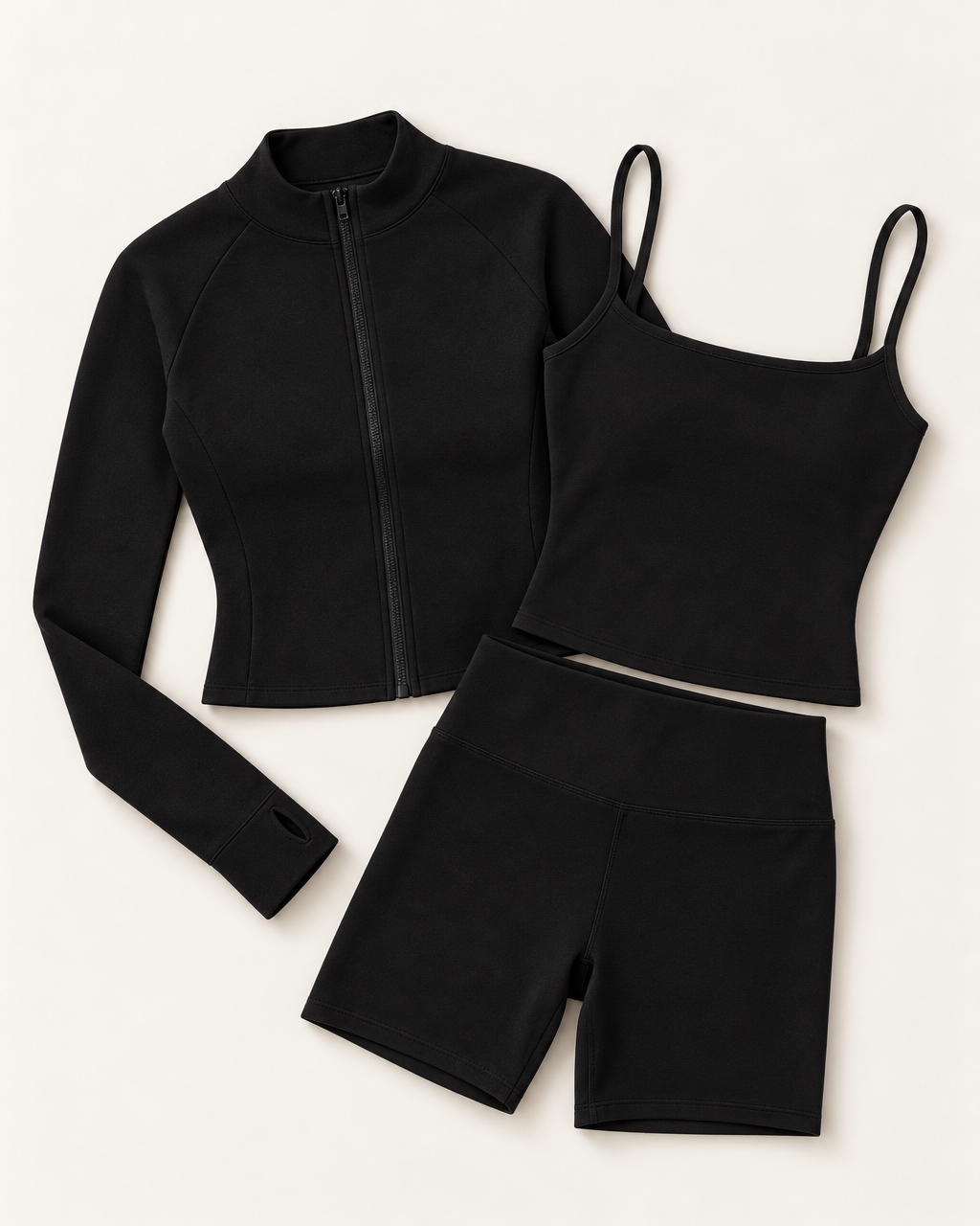Zip-Up Jacket, Square Neck Vest & Shorts Set - Shadow Black flat lay