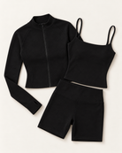 Zip-Up Jacket, Square Neck Vest & Shorts Set - Shadow Black flat lay