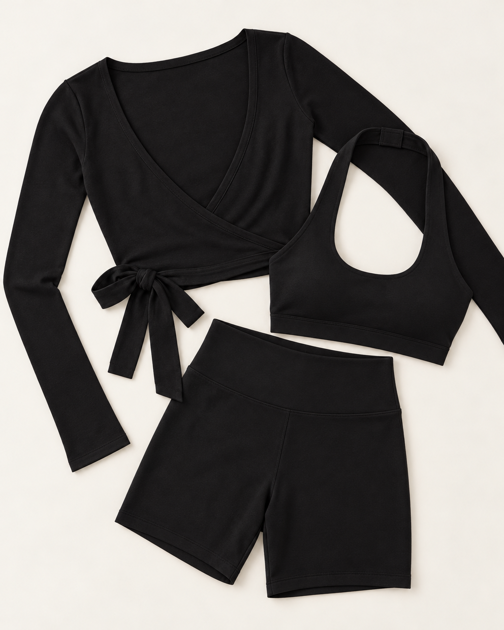 Ballet Wrap Top, Halter Bra & Shorts Set - Shadow Black flat lay