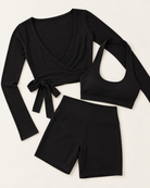 Ballet Wrap Top, Halter Bra & Shorts Set - Shadow Black flat lay