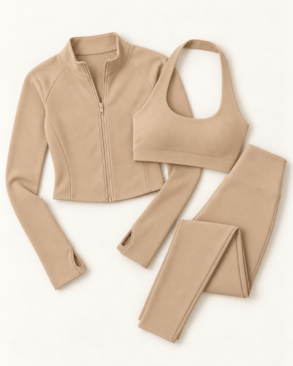 Zip-Up Jacket, Halter Bra & Leggings Set - Tan flat lay
