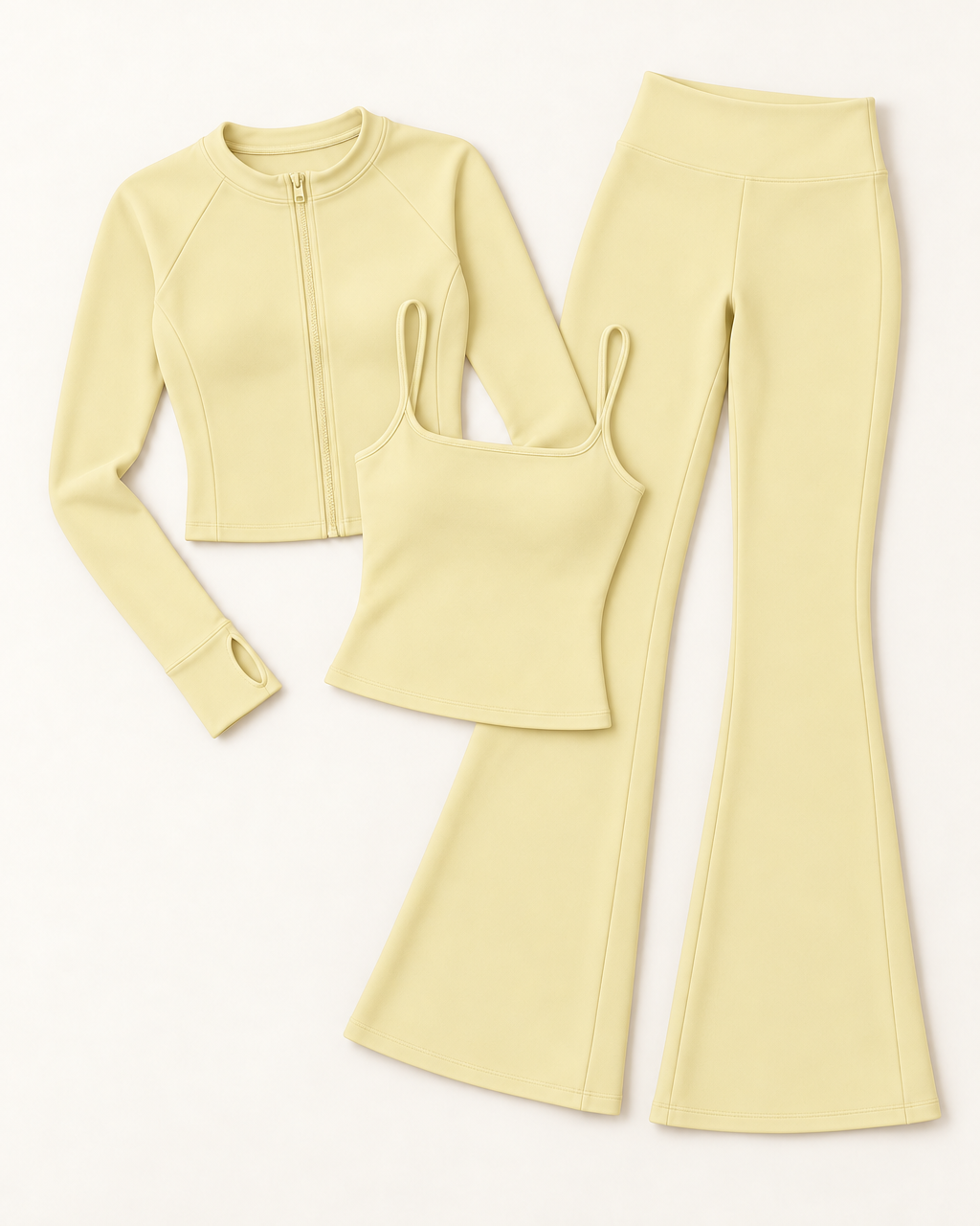 Zip-Up Jacket, Square Neck Vest & Flares Set - Buttercream flat lay