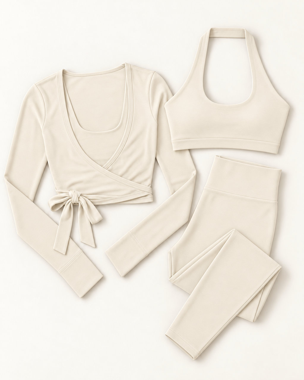 Ballet Wrap Top, Halter Bra & Leggings Set - Ivory White flat lay
