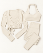 Ballet Wrap Top, Halter Bra & Leggings Set - Ivory White flat lay