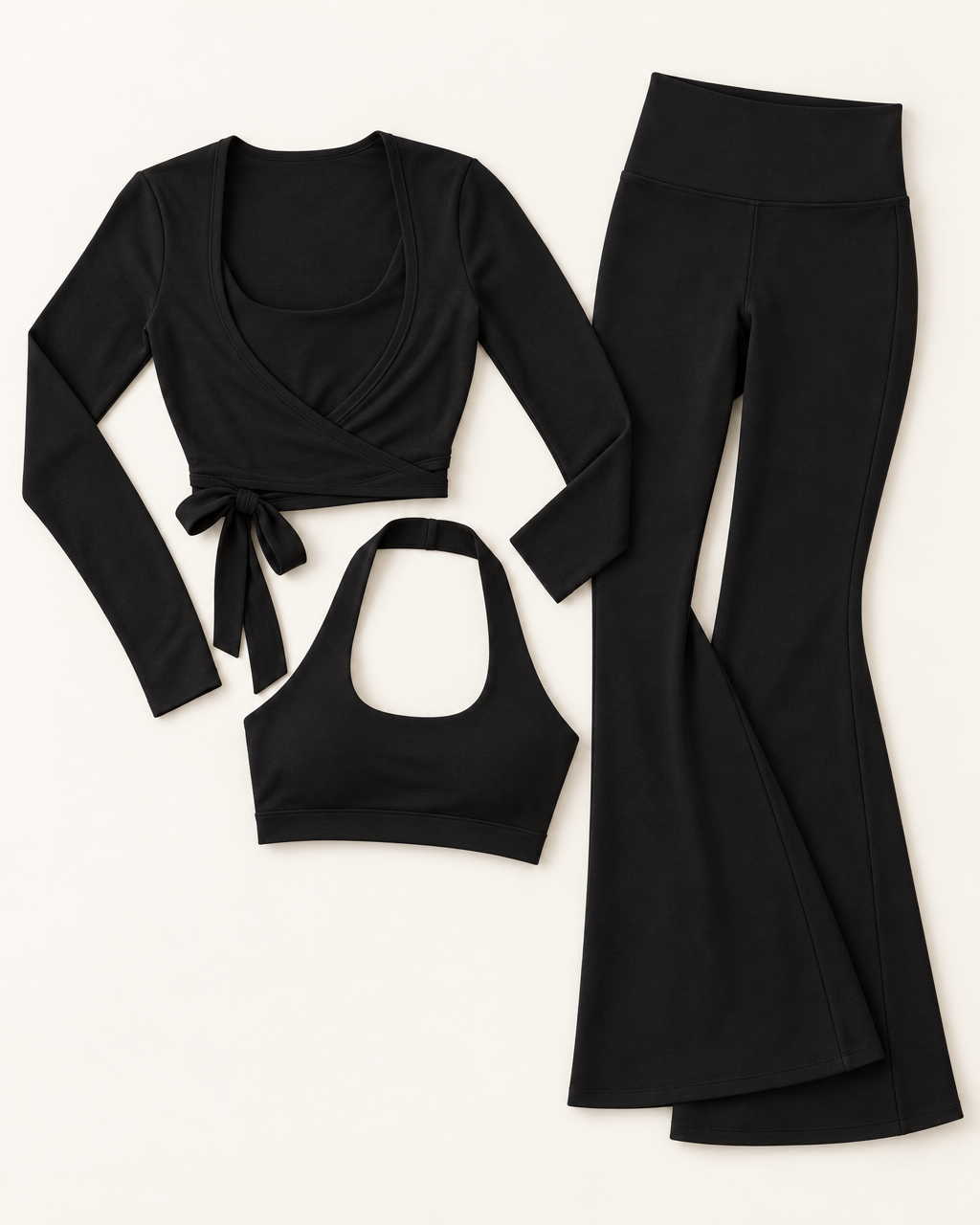Ballet Wrap Top, Halter Bra & Flares Set - Shadow Black flat lay