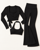 Ballet Wrap Top, Halter Bra & Flares Set - Shadow Black flat lay