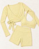 Ballet Wrap Top, Halter Bra & Shorts Set - Buttercream flat lay