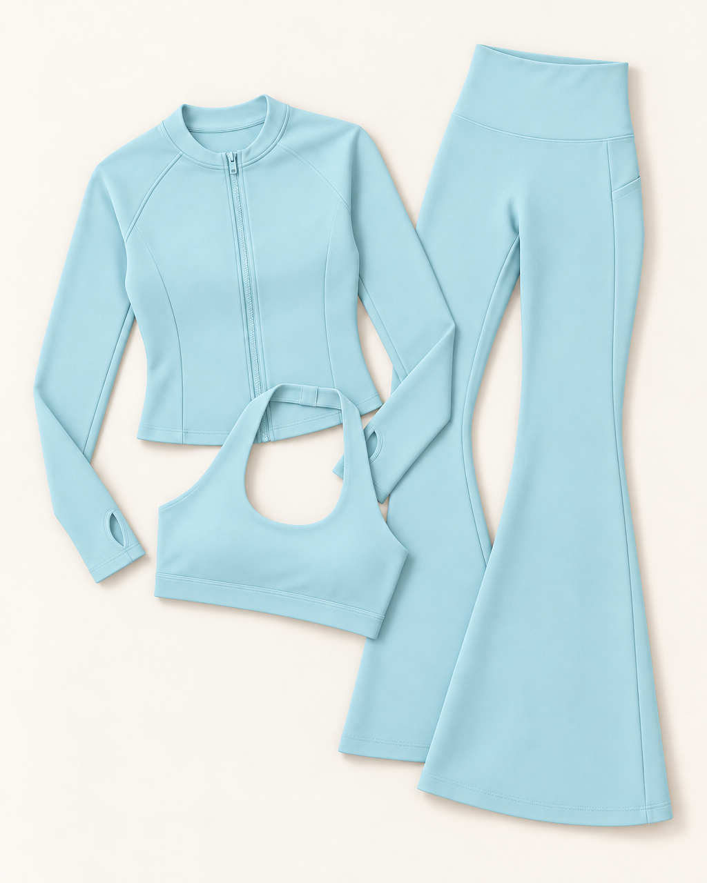 Zip-Up Jacket, Halter Bra & Flares Set - Powder Blue flat lay