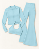 Zip-Up Jacket, Halter Bra & Flares Set - Powder Blue flat lay