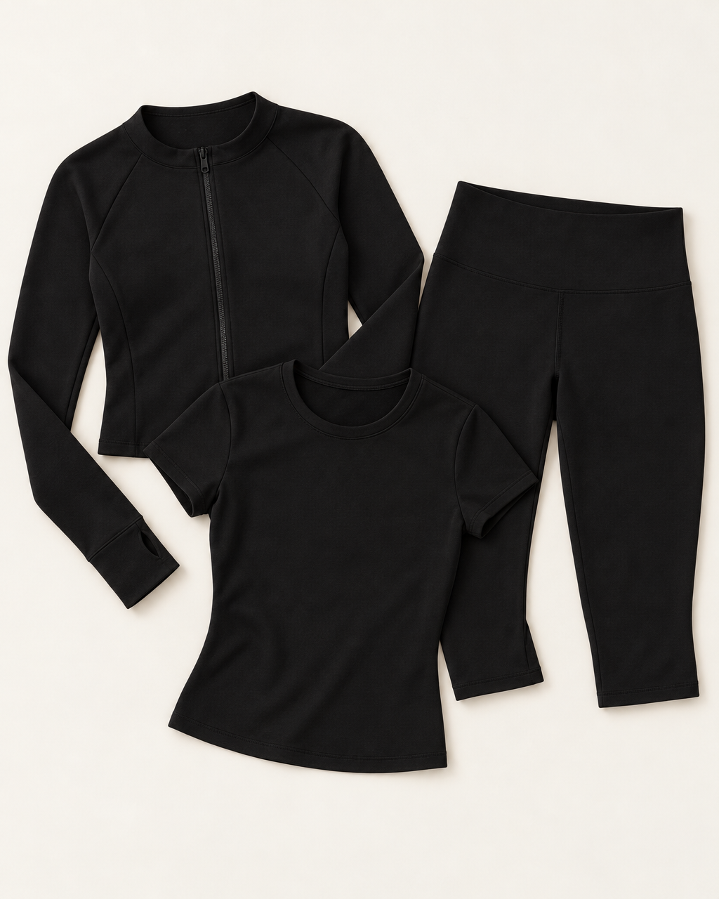 Zip-Up Jacket, Fitted Tee & Capris Set - Shadow Black flat lay