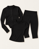 Zip-Up Jacket, Fitted Tee & Capris Set - Shadow Black flat lay