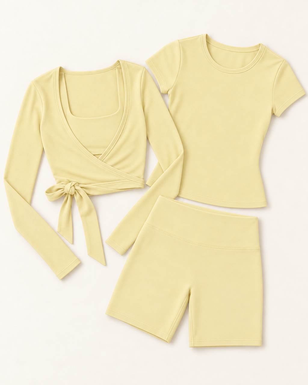Ballet Wrap Top, Fitted Tee & Shorts Set - Buttercream flat lay