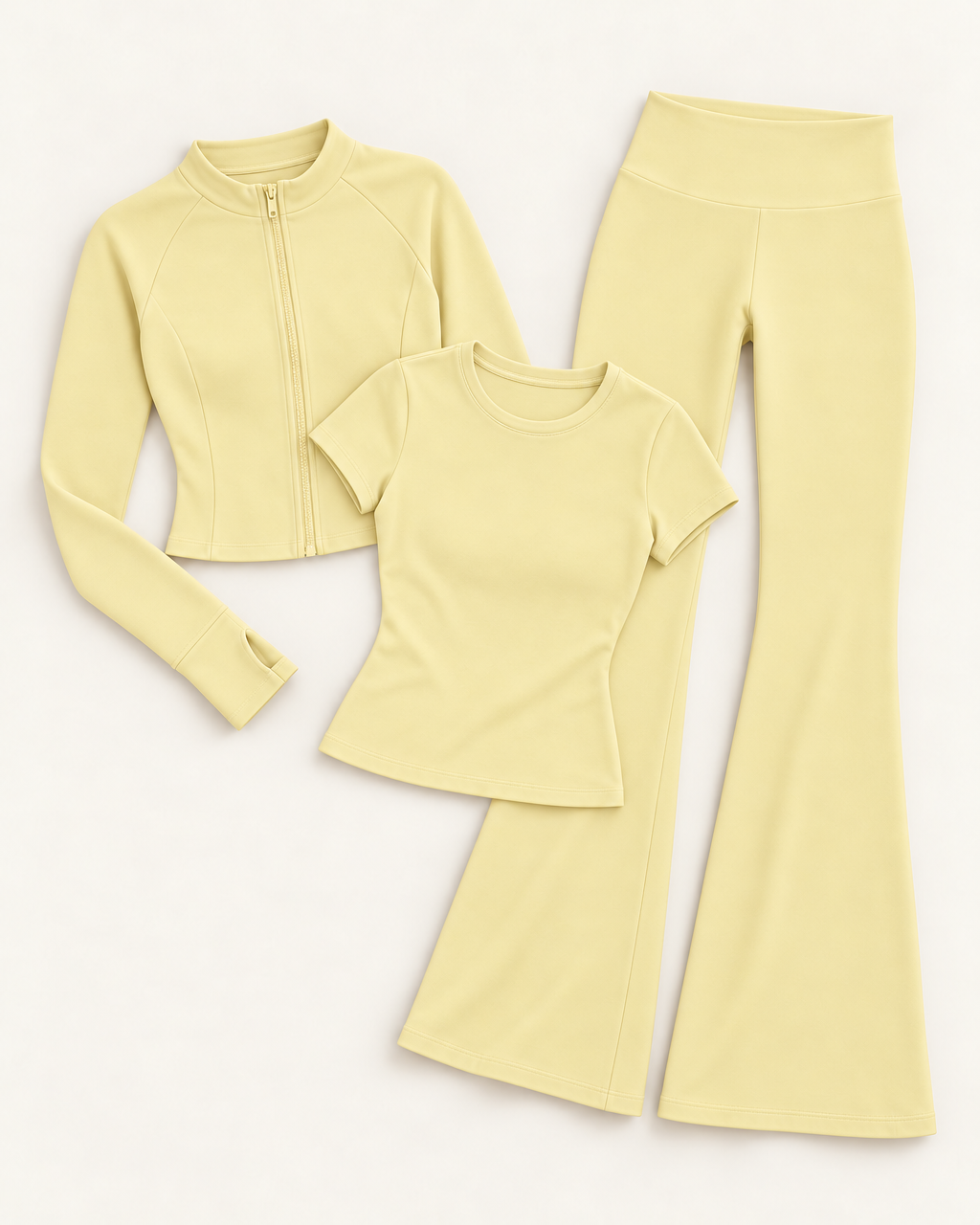 Zip-Up Jacket, Fitted Tee & Flares Set - Buttercream flat lay