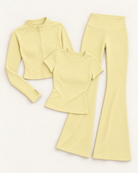 Zip-Up Jacket, Fitted Tee & Flares Set - Buttercream flat lay