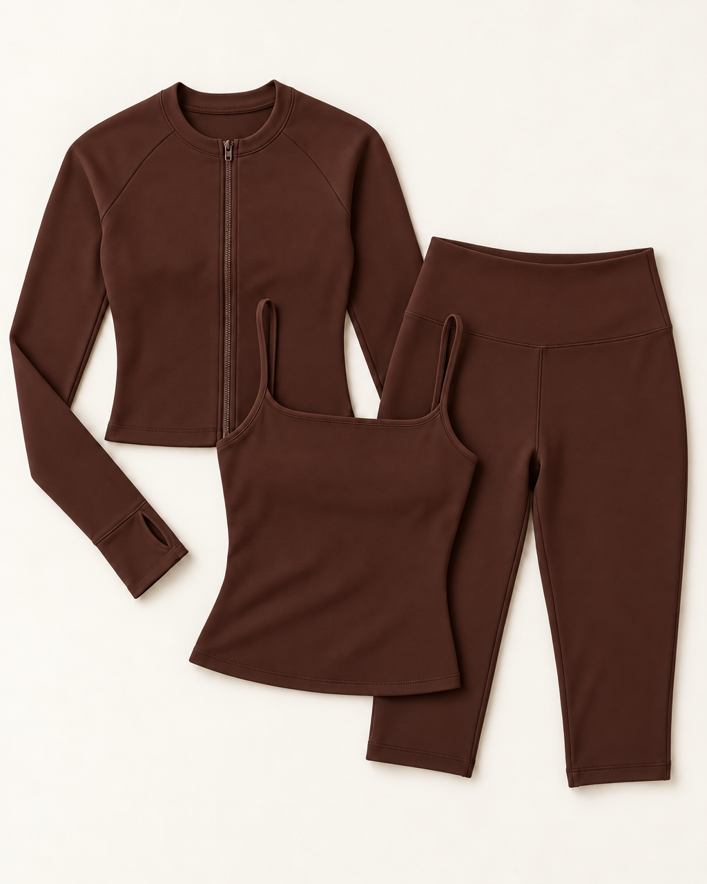 Zip-Up Jacket, Square Neck Vest & Capris Set - Chocolate Brown flat lay