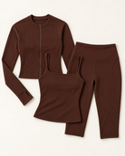 Zip-Up Jacket, Square Neck Vest & Capris Set - Chocolate Brown flat lay