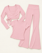 Ballet Wrap Top, Fitted Tee & Flares Set - Ballet Pink flat lay