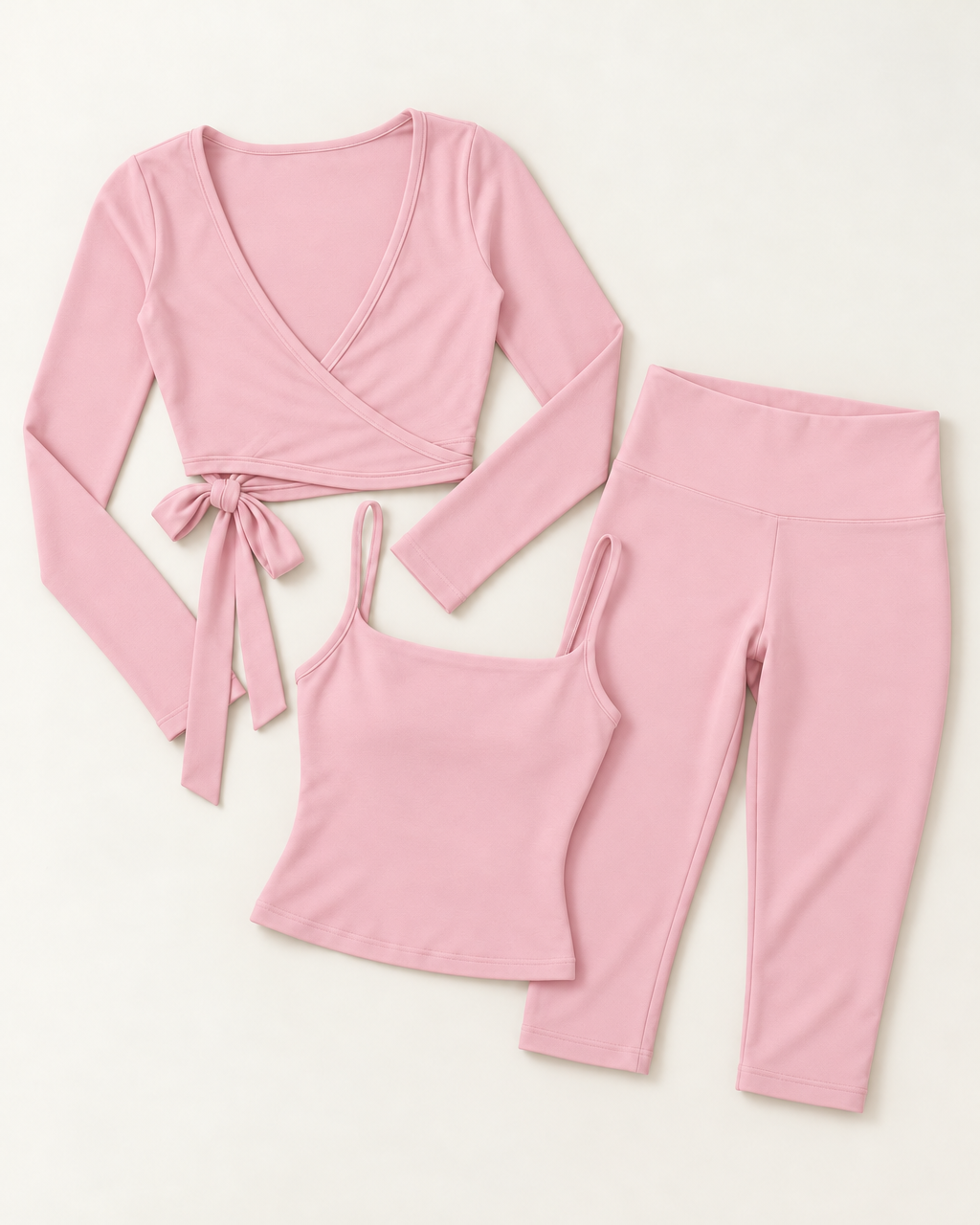 Ballet Wrap Top, Square Neck Vest & Capris Set - Ballet Pink flat lay