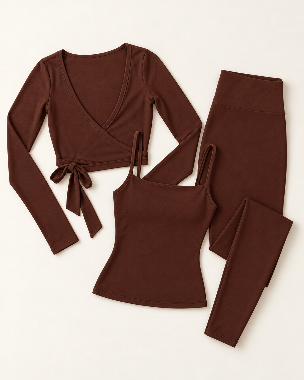 Ballet Wrap Top, Square Neck Vest & Leggings Set - Chocolate Brown flat lay