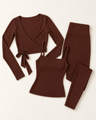 Ballet Wrap Top, Square Neck Vest & Leggings Set - Chocolate Brown flat lay