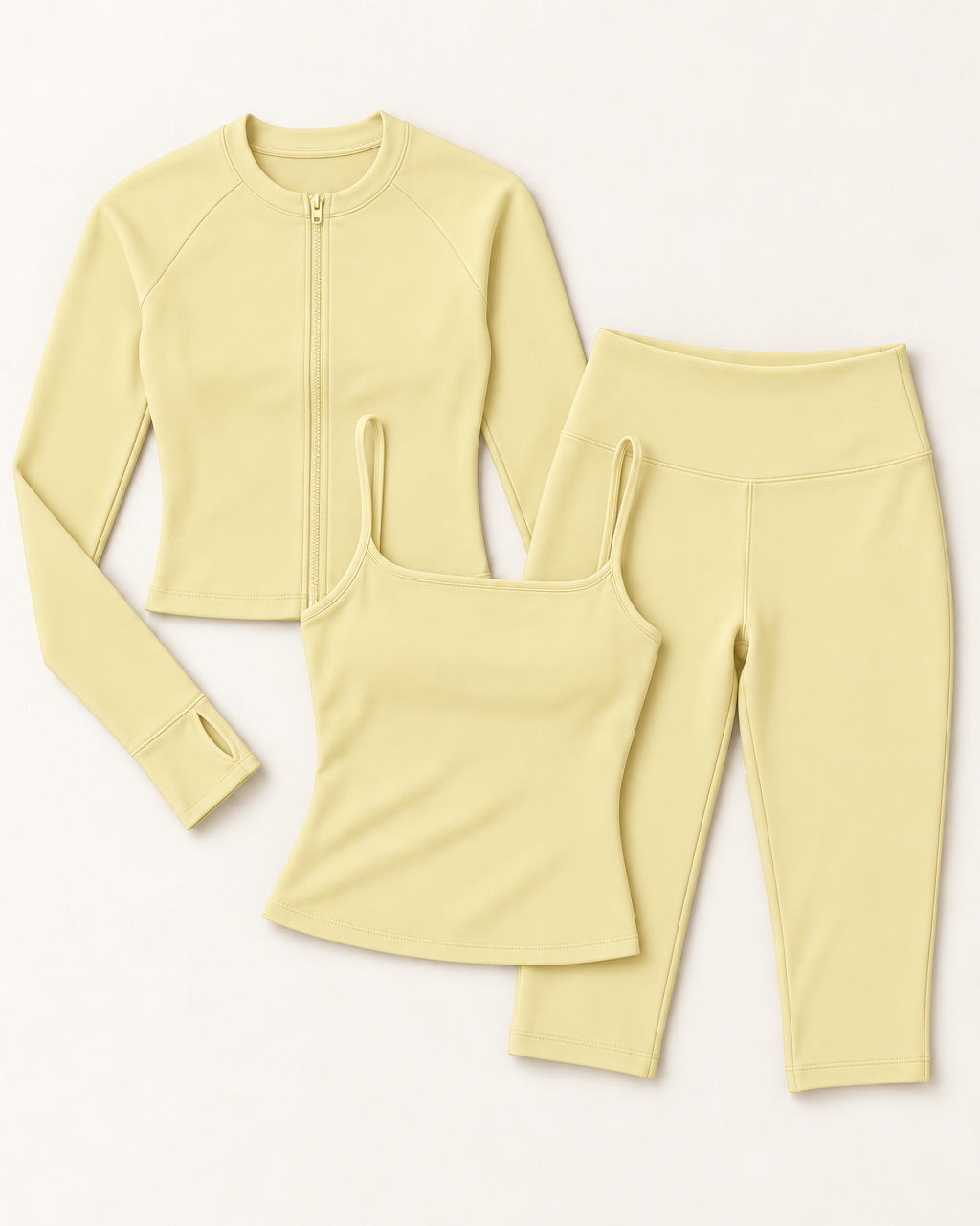 Zip-Up Jacket, Square Neck Vest & Capris Set - Buttercream flat lay