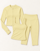 Zip-Up Jacket, Square Neck Vest & Capris Set - Buttercream flat lay