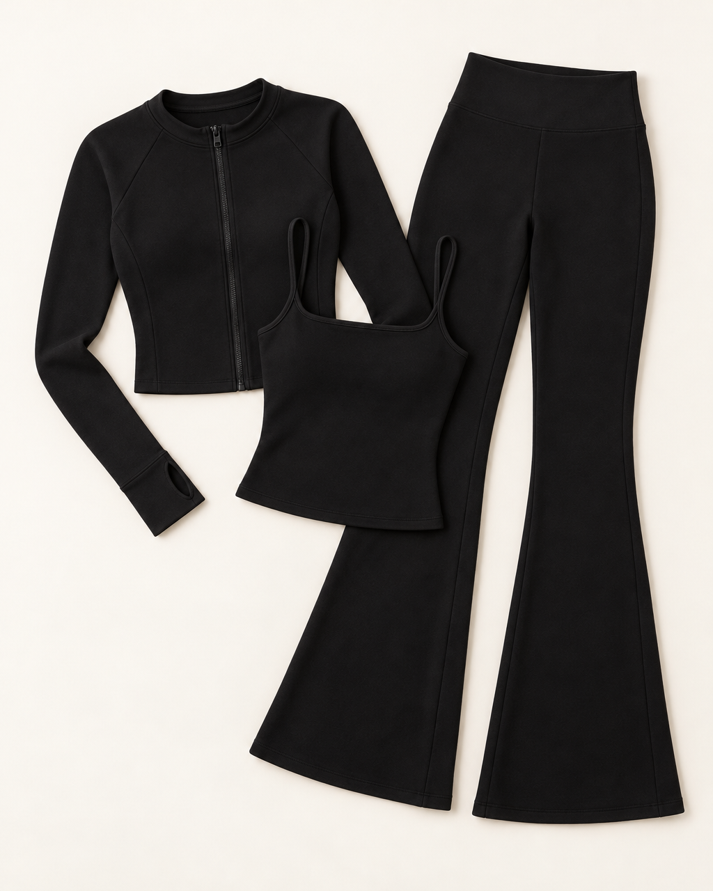Zip-Up Jacket, Square Neck Vest & Flares Set - Shadow Black flat lay