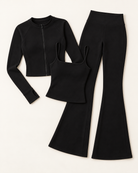 Zip-Up Jacket, Square Neck Vest & Flares Set - Shadow Black flat lay