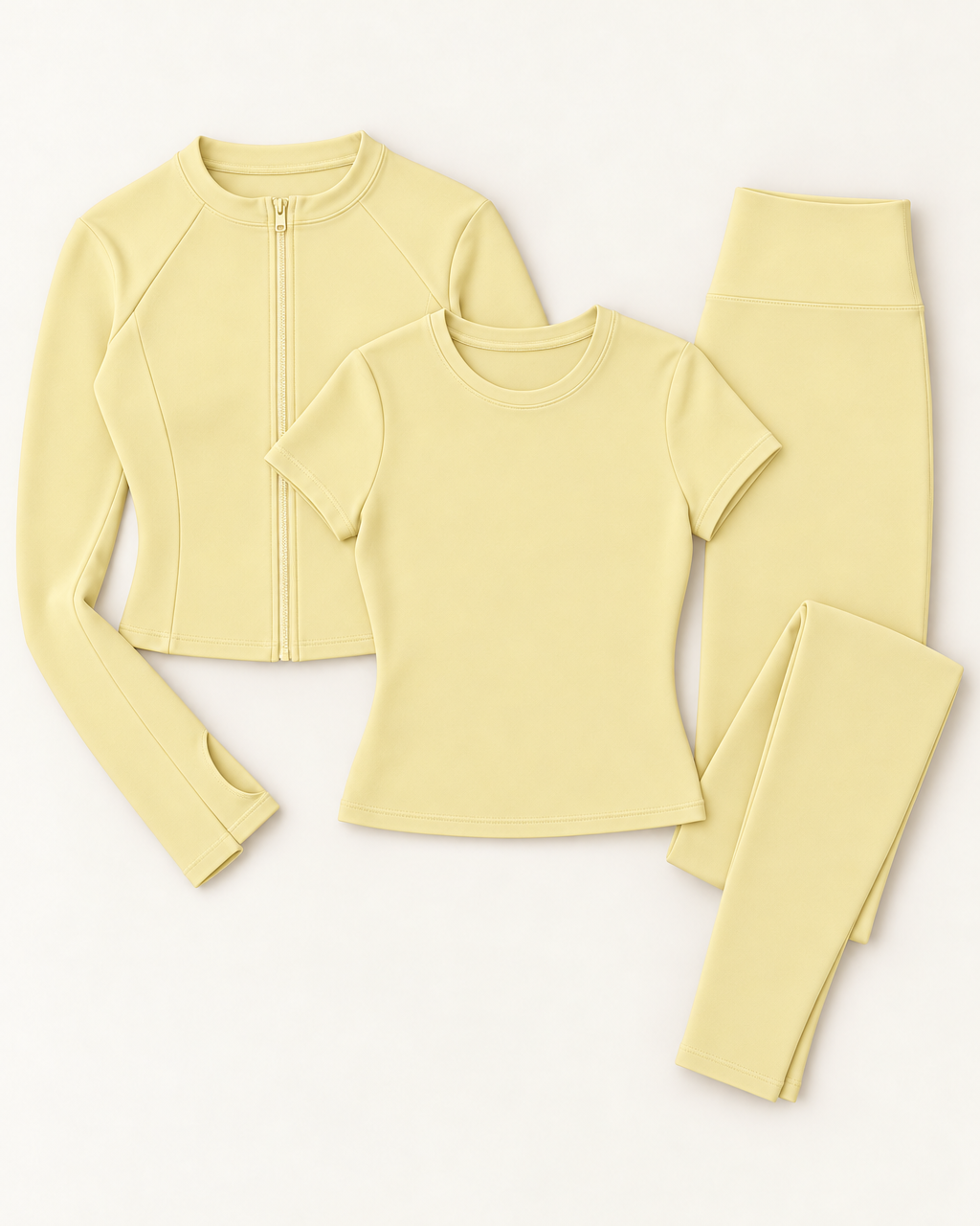 Zip-Up Jacket, Fitted Tee & Leggings Set - Buttercream flat lay