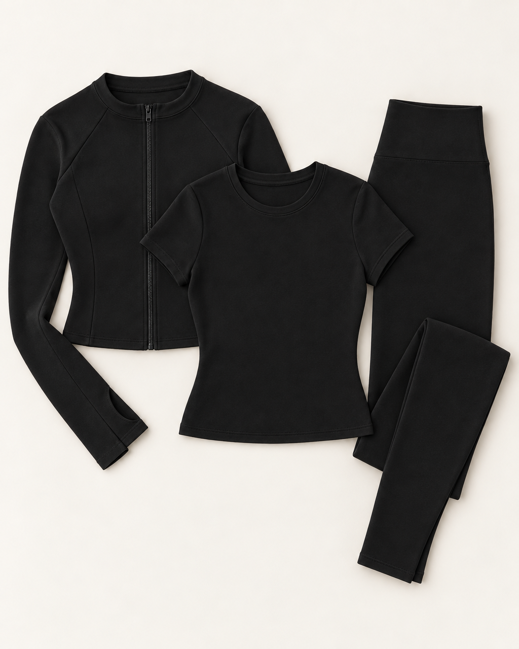 Zip-Up Jacket, Fitted Tee & Leggings Set - Shadow Black flat lay